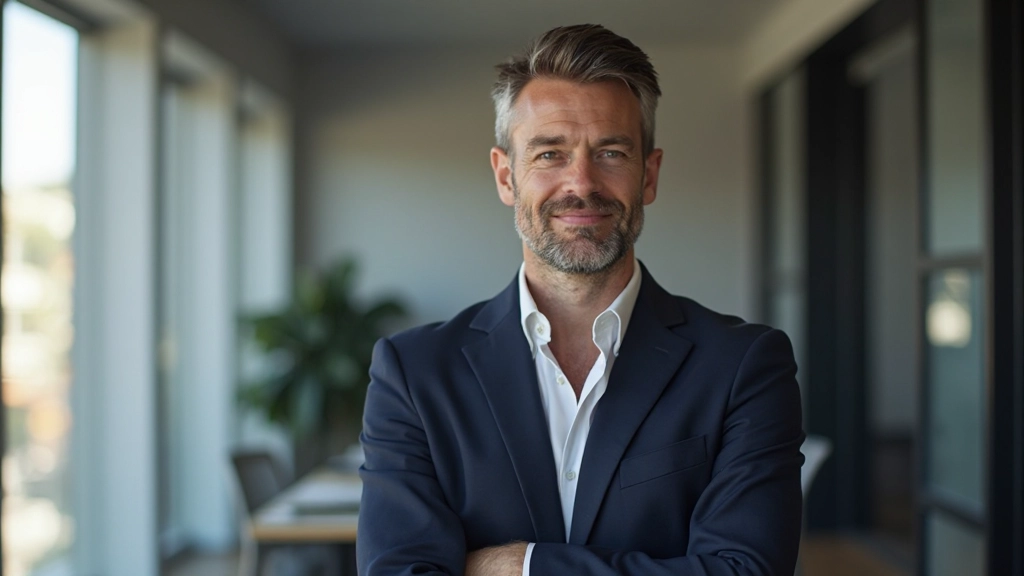 Professionele foto van een man in businesskledij die vastberaden naar buiten kijkt in een moderne werkomgeving